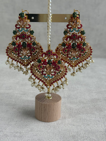 Ayura Designs Mahnoor Navratan Choker Set with Earrings & Tikka – Antique Gold Finish, Multicolour Enamel & Pearl Detailing