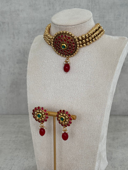 Ayura Designs Ziya Set – Gold, Ruby Red & Emerald Green with Stud Earrings