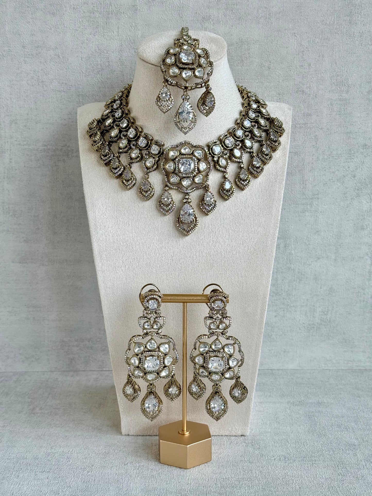 Ayura Designs Kiyah Bridal Set with Necklace, Earrings & Tikka – Moissanite Stones with Antique Gold Finish