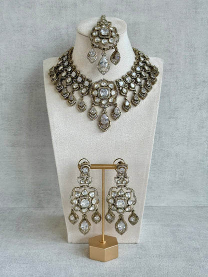 Ayura Designs Kiyah Bridal Set with Necklace, Earrings & Tikka – Moissanite Stones with Antique Gold Finish