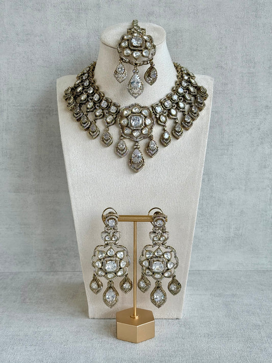 Ayura Designs Kiyah Bridal Set with Necklace, Earrings & Tikka – Moissanite Stones with Antique Gold Finish
