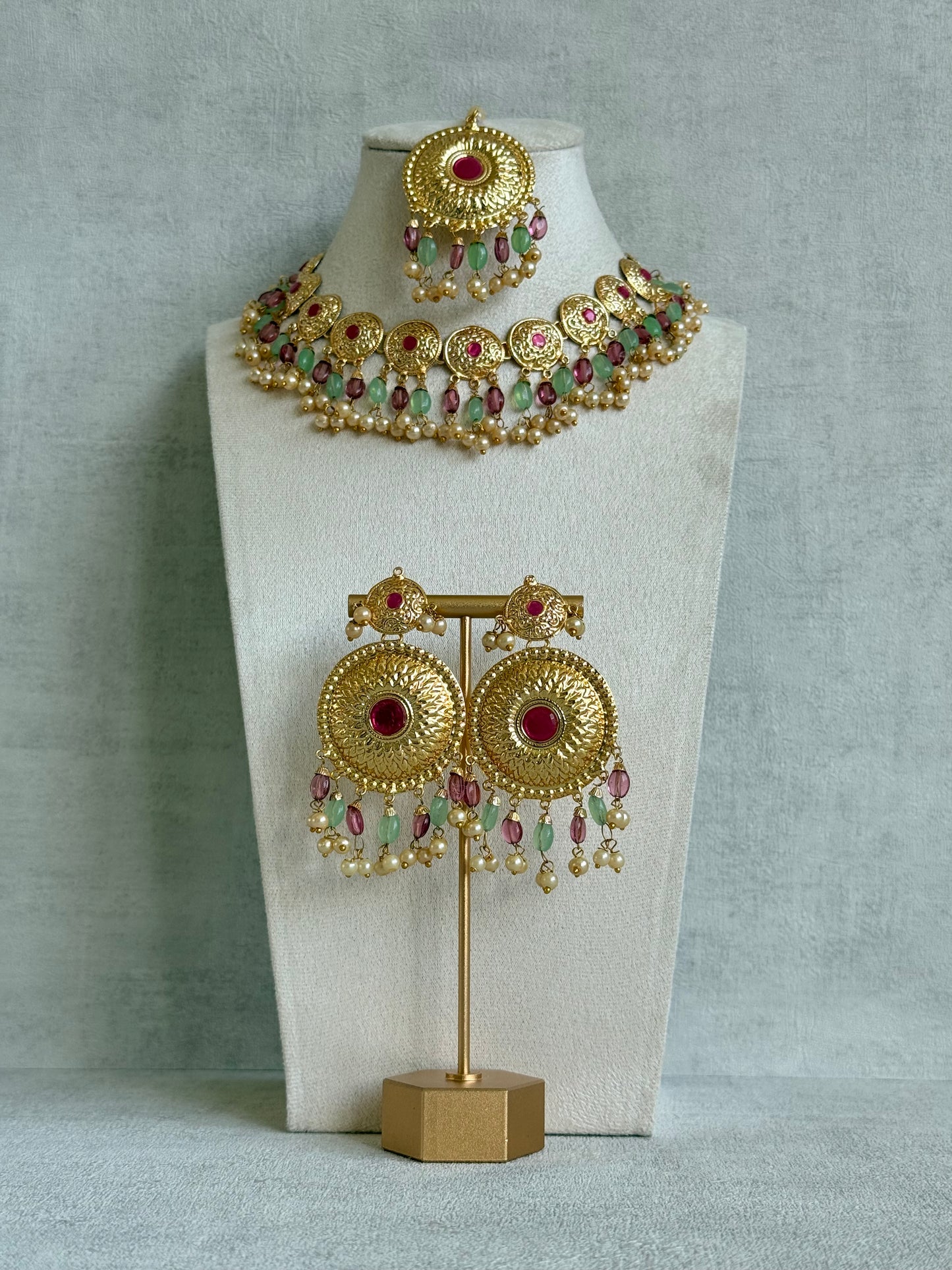 Ayura Designs Jyoti Set with Earrings & Tikka – Gold Disc Necklace with Ruby Pink, Mint Green & Pearl Detailing
