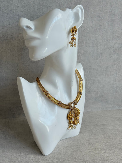 Ayura Designs Wadha Collar Necklace Set with Earrings – Gold Elephant Pendant & White Crystal Detailing