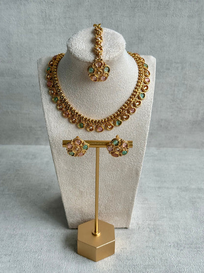Ayura Designs Amala Set with Necklace, Studs & Tikka – Blush Pink & Pistachio Green Stones, Antique Gold Finish
