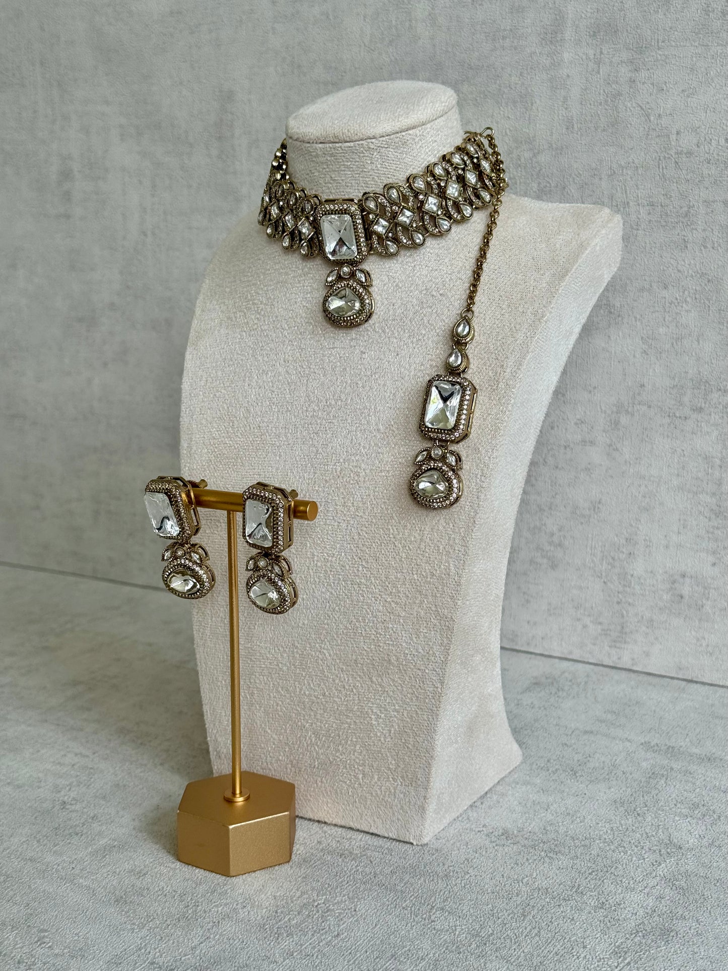 Ayura Designs Ella Choker Set with Tikka & Earrings – Antique Gold with Mirror-Cut Stones