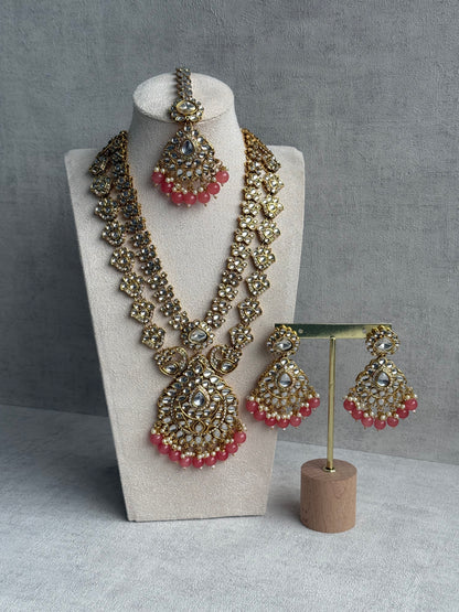 Ayura Designs Javeria Set with Earrings & Tikka – Peach Beads, Mirror Kundan & Gold Finish