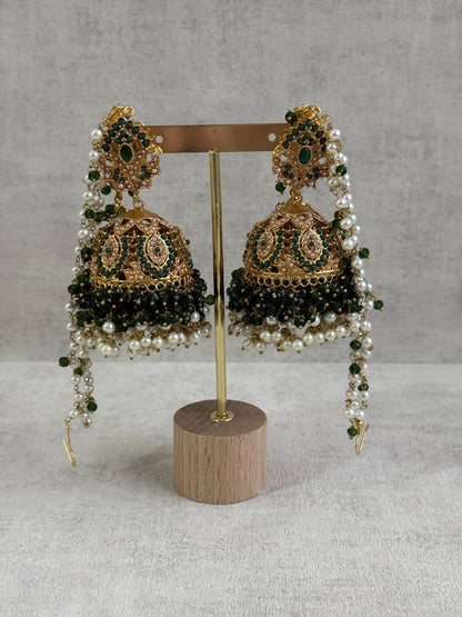 Ayura Designs Noor Set – Choker, Jhumkis with Sahare & Tikka in Emerald Green with Pearl Detailing