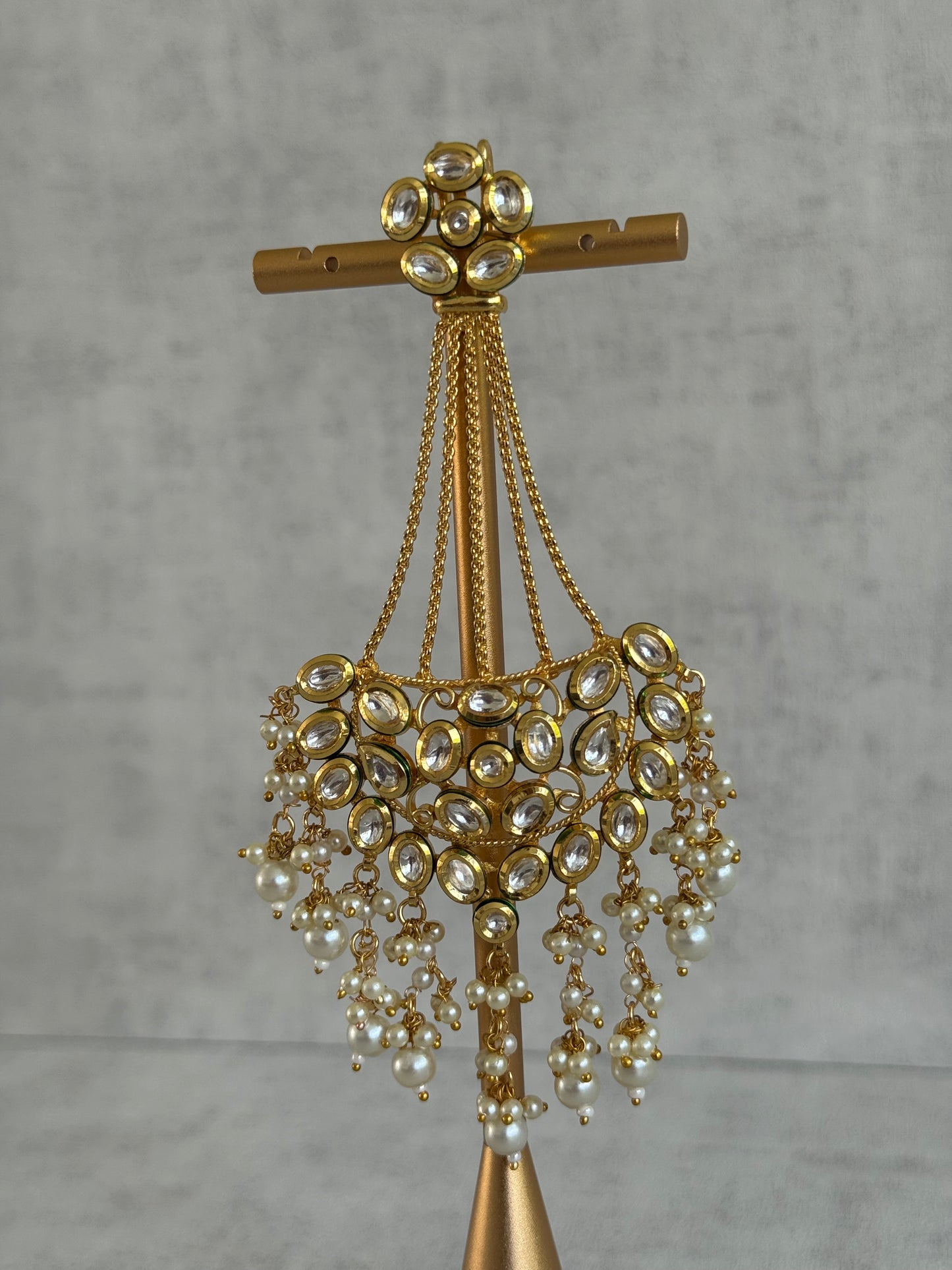 Ayura Designs Sophia Passa Jhoomar – Antique Gold with Kundan Stones & Pearl Clusters