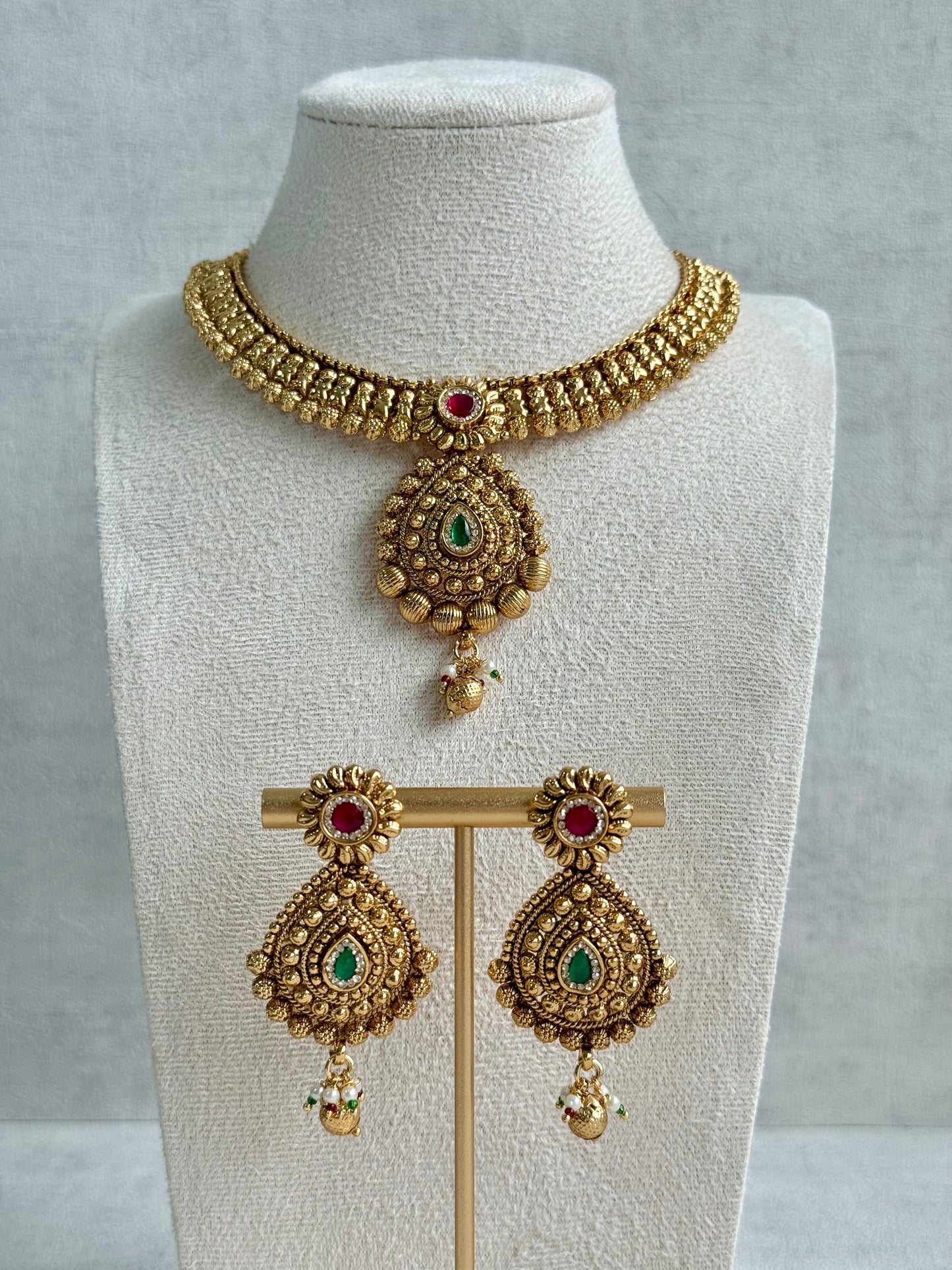 Ayura Designs Ayma Necklace Set with Earrings – Antique Gold Finish with Ruby Pink, Emerald Green & Crystal Detailing
