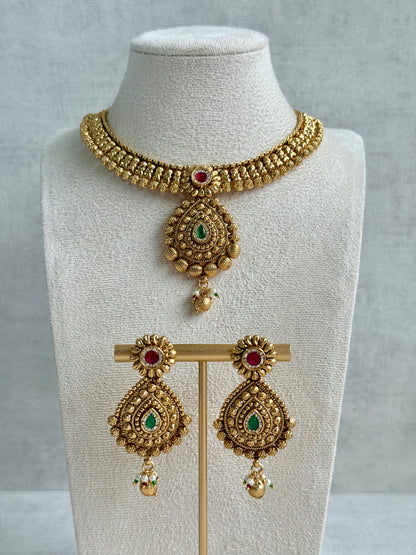 Ayura Designs Ayma Necklace Set with Earrings – Antique Gold Finish with Ruby Pink, Emerald Green & Crystal Detailing