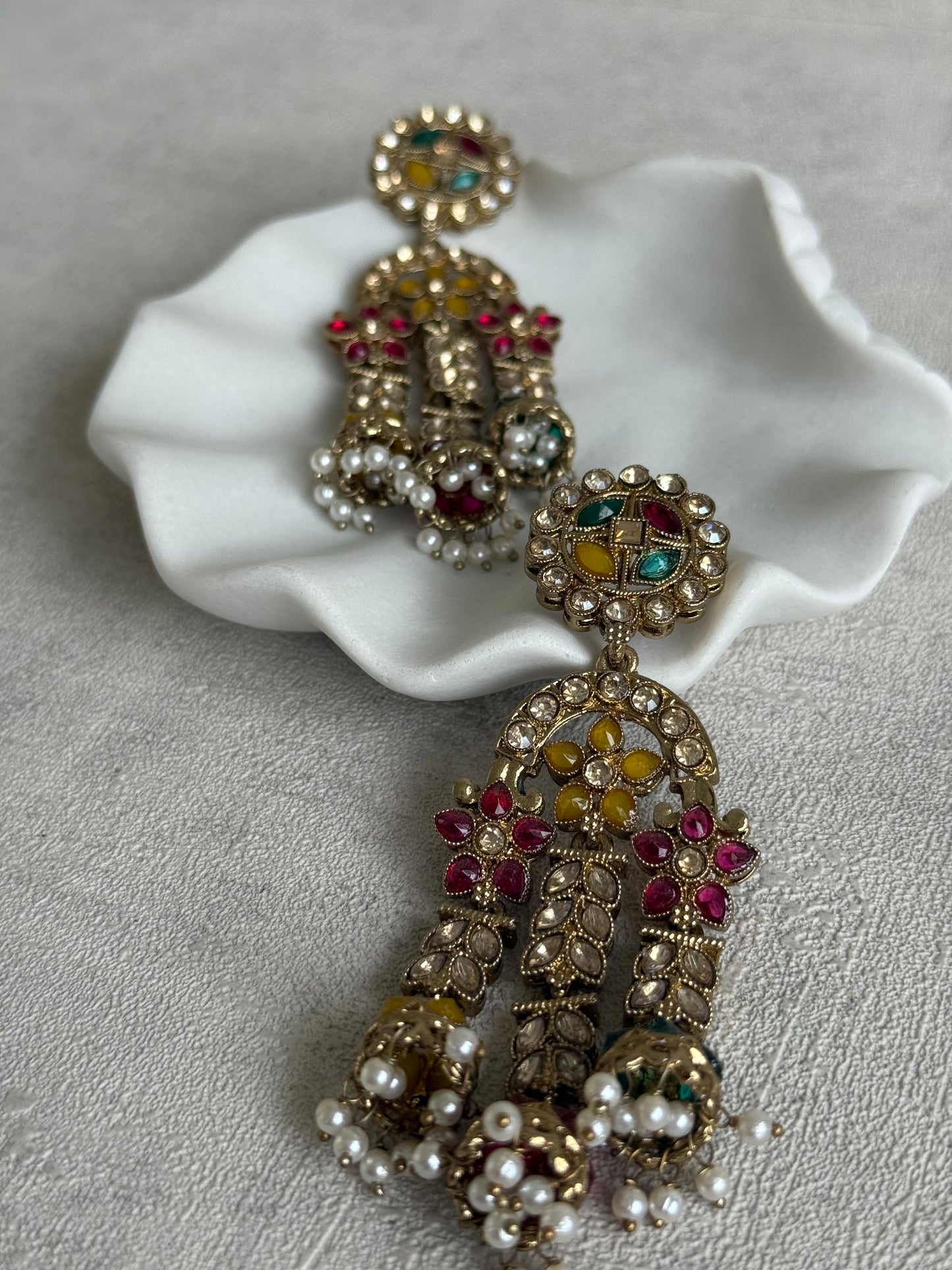 Ayura Designs Soraya Earrings – Multicolour Stones, Champagne Crystals, Pearl Detailing & Gold Finish