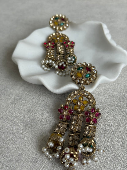 Ayura Designs Soraya Earrings – Multicolour Stones, Champagne Crystals, Pearl Detailing & Gold Finish