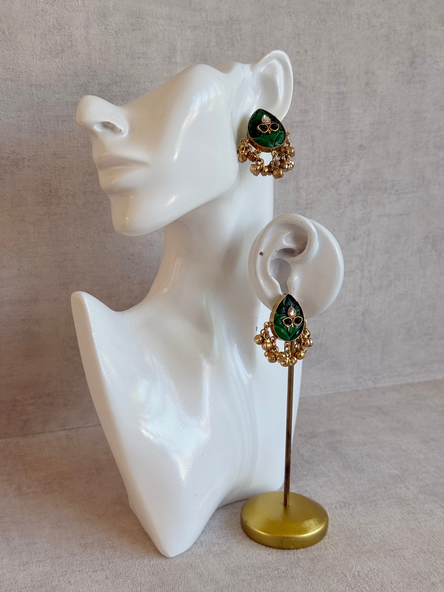 Ayura Designs Aykai Earrings – Emerald Green Carved Teardrop Stud Earrings with Clear Kundan Stones and Gold Ghungroo Drops