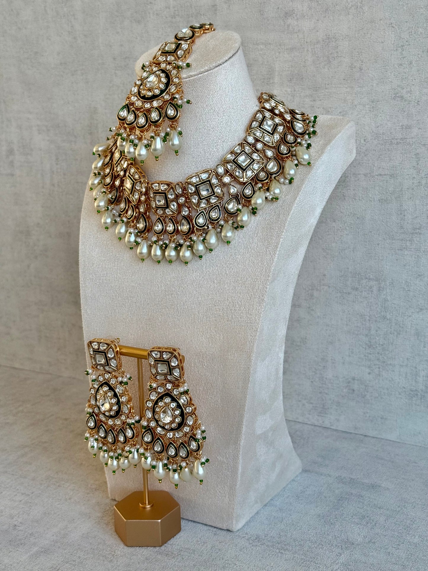 Ayura Designs Ishrat Set with Necklace, Earrings & Tikka – Kundan Detailing & Ivory Pearl Drops