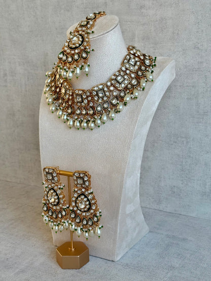 Ayura Designs Ishrat Set with Necklace, Earrings & Tikka – Kundan Detailing & Ivory Pearl Drops