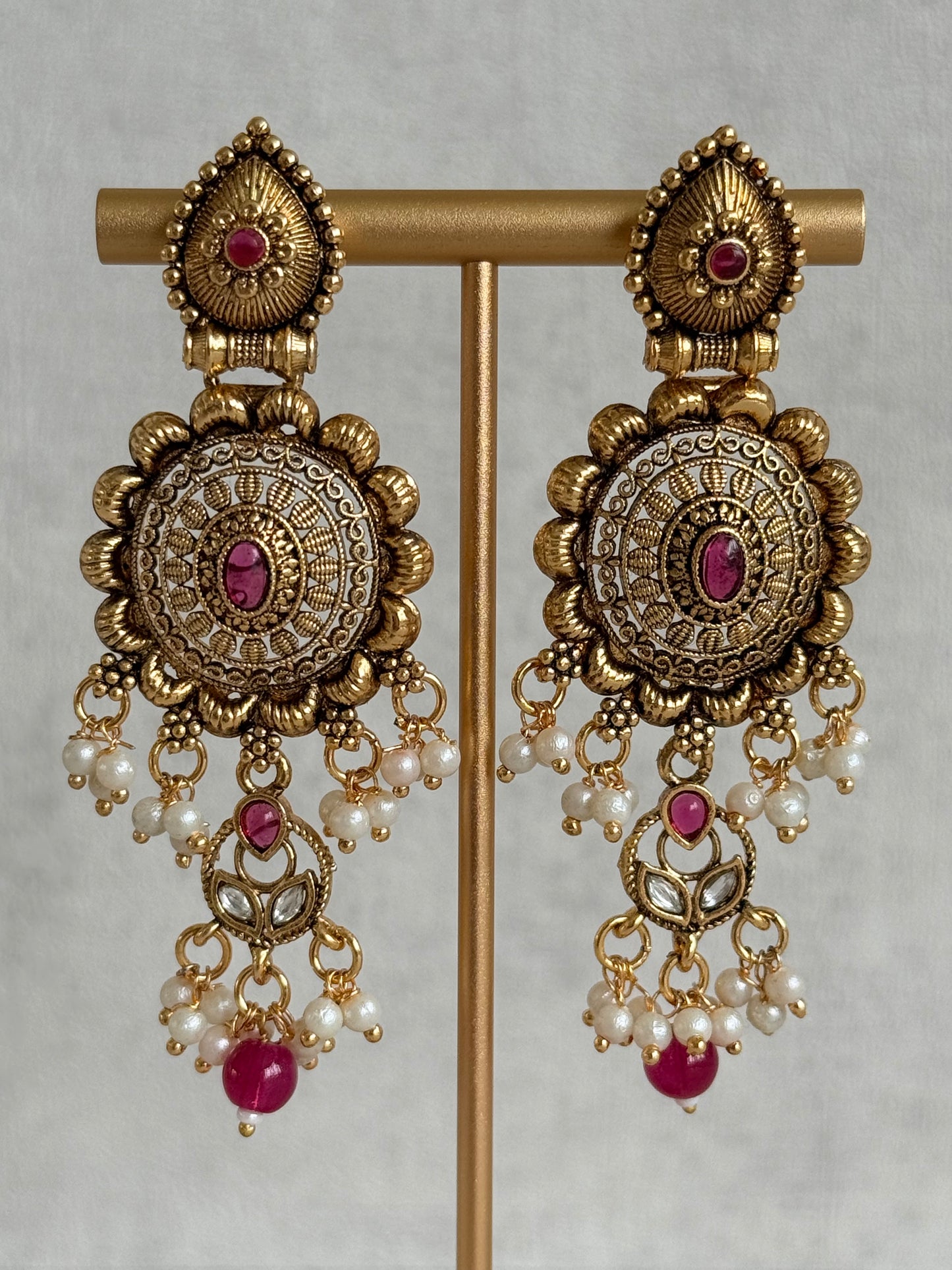 Ayura Designs Kabini Choker Set with Earrings – Gold Kundan Waterfall Choker with Ruby Pink Beads & Pearls