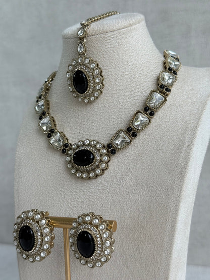 Ayura Designs Inza Necklace Set – Black Stones, Kundan & Crystals with Antique Gold Finish