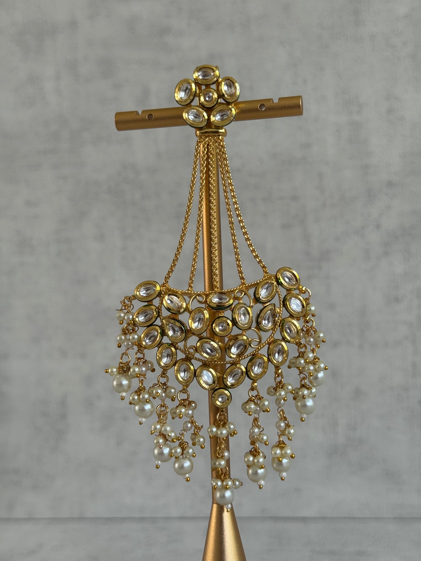 Ayura Designs Sophia Passa Jhoomar – Antique Gold with Kundan Stones & Pearl Clusters