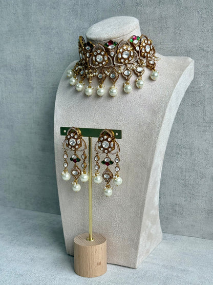Ayura Designs Serina Choker Set with Earrings – Green & Pink Enamel, Mirror-Cut Stones & Pearl Drops