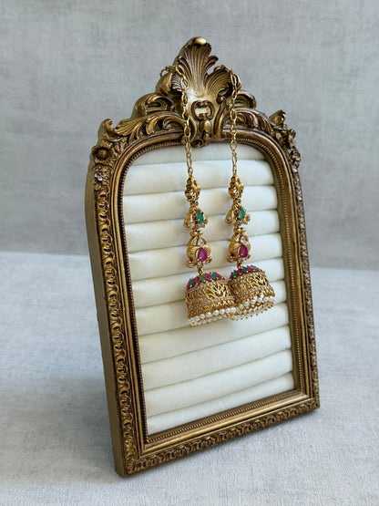 Ayura Designs Alar Jhumkis – Ear Climber in Antique Gold with Emerald & Pink Stones and Pearl Drops
