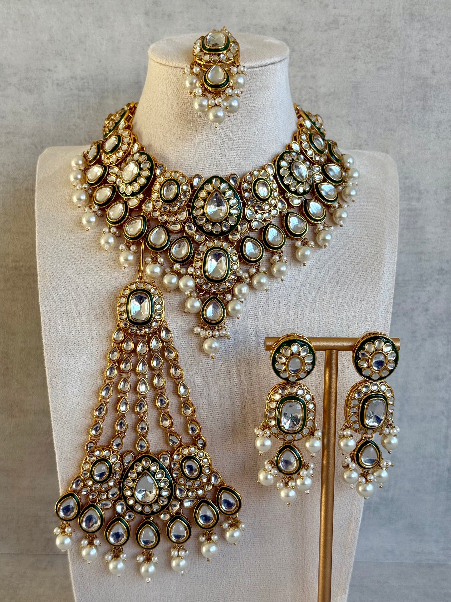 Ayura Designs Jashan Set with Necklace, Earrings, Tikka & Passa – Kundan Detailing, Ivory Pearl Drops