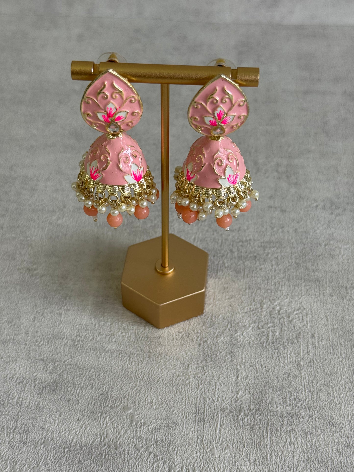 Ayura Designs Gia Jhumkis – Blush Pink Meenakari with Pink Lotus Motifs & Ivory Pearl Drops