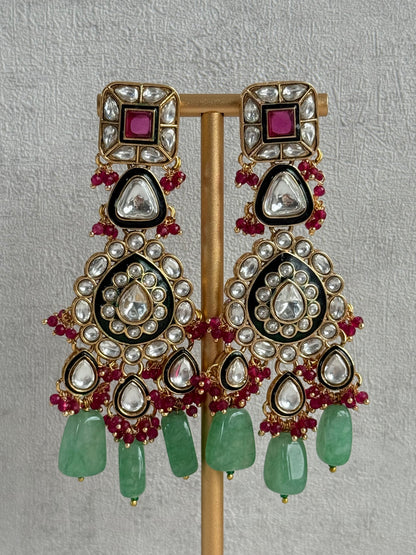 Ayura Designs Zahira Bridal Set with Necklace, Earrings & Tikka – Kundan Detailing with Green Enamel, Pink Stones & Jade Green Beads