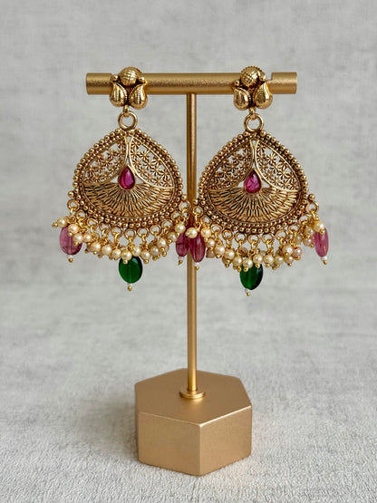 Ayura Designs Hamida Set with Necklace, Earrings & Tikka – Antique Gold with Ruby Pink and Emerald Green Beads & Pearl Detailing