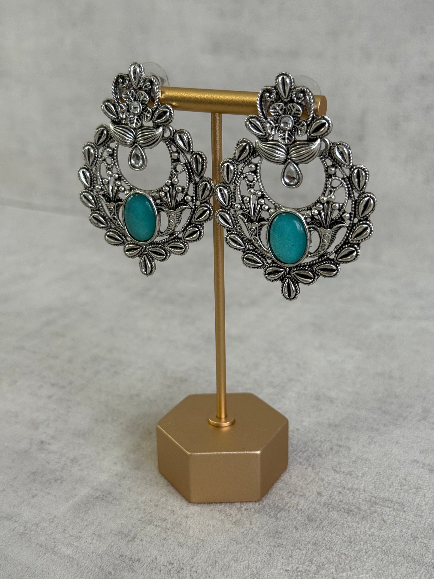 Ayura Designs Eila Earrings with Aqua Blue Stone in Antique Silver Finish