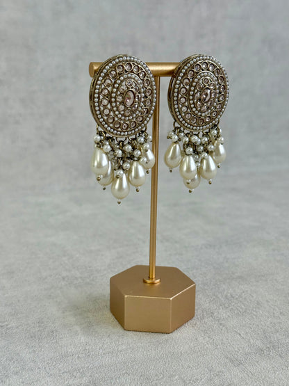 Ayura Designs Aynoor Bloom Circle Earrings – Antique Gold Finish with Mirror-Cut Stones & Pearl Drops