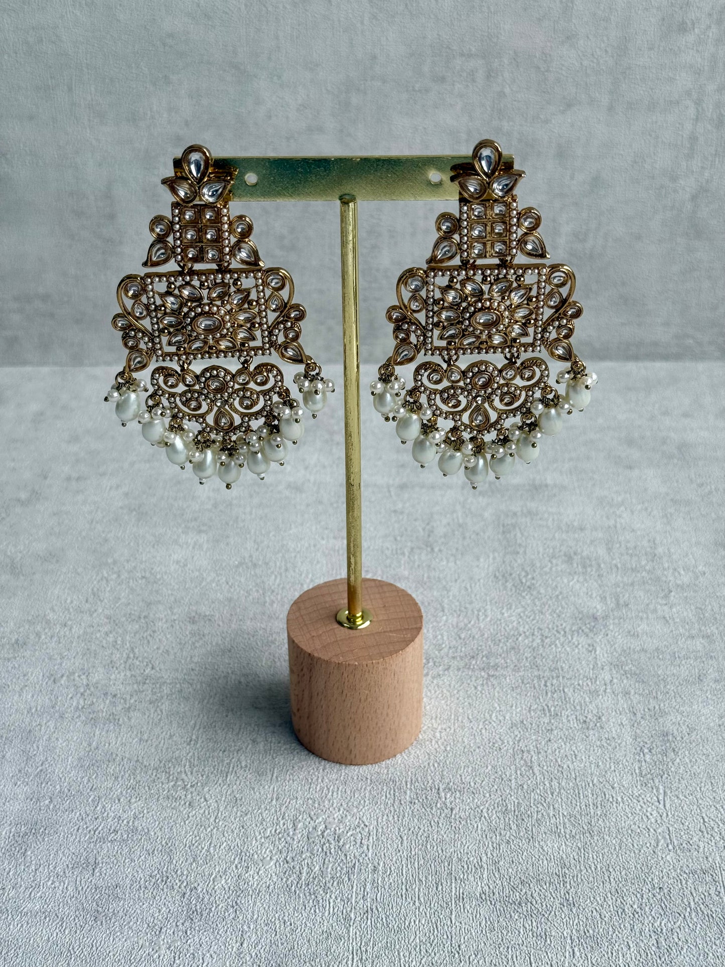 Ayura Designs Arwa Earrings – Antique Gold Finish with Mirror-Cut Stones & Ivory Pearl Drops