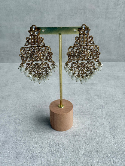 Ayura Designs Arwa Earrings – Antique Gold Finish with Mirror-Cut Stones & Ivory Pearl Drops