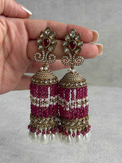 Ayura Designs Sage Earrings – Statement Jhumkis with Mirror-Cut Stones, Pearl Drops & Fuchsia Beads