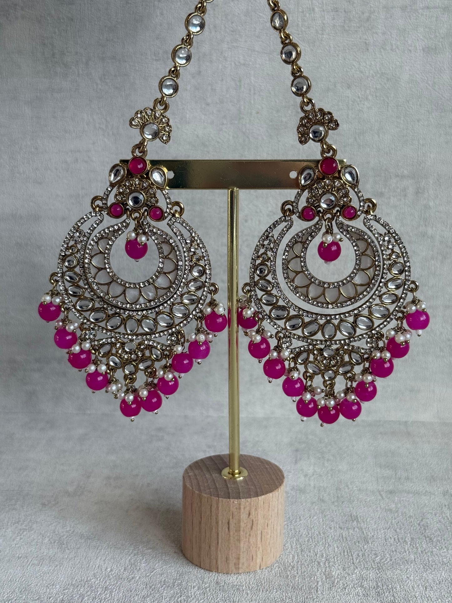 Ayura Designs Rabia Chandbalis – Antique Gold Kundan Earrings with Fuchsia Beads, Pearls & Attached Sahare