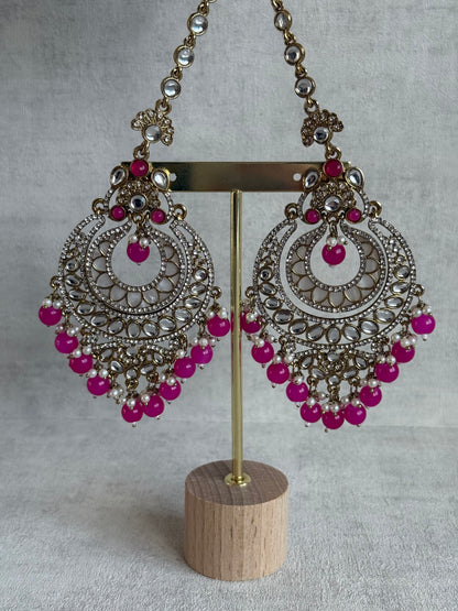 Ayura Designs Rabia Chandbalis – Antique Gold Kundan Earrings with Fuchsia Beads, Pearls & Attached Sahare