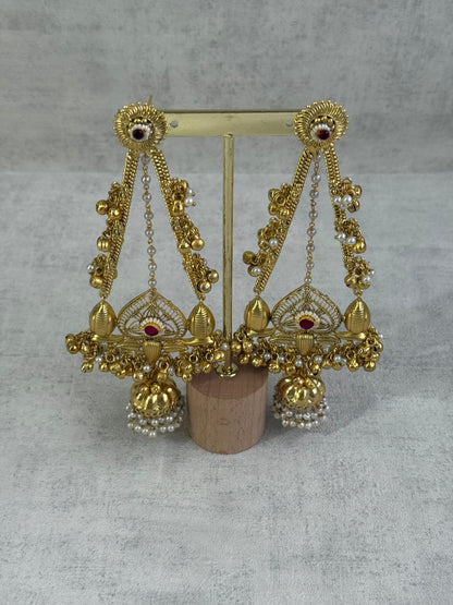 Ayura Designs Teja Earrings – Antique Gold Jhumkis with Ruby Stone & Pearl Detailing