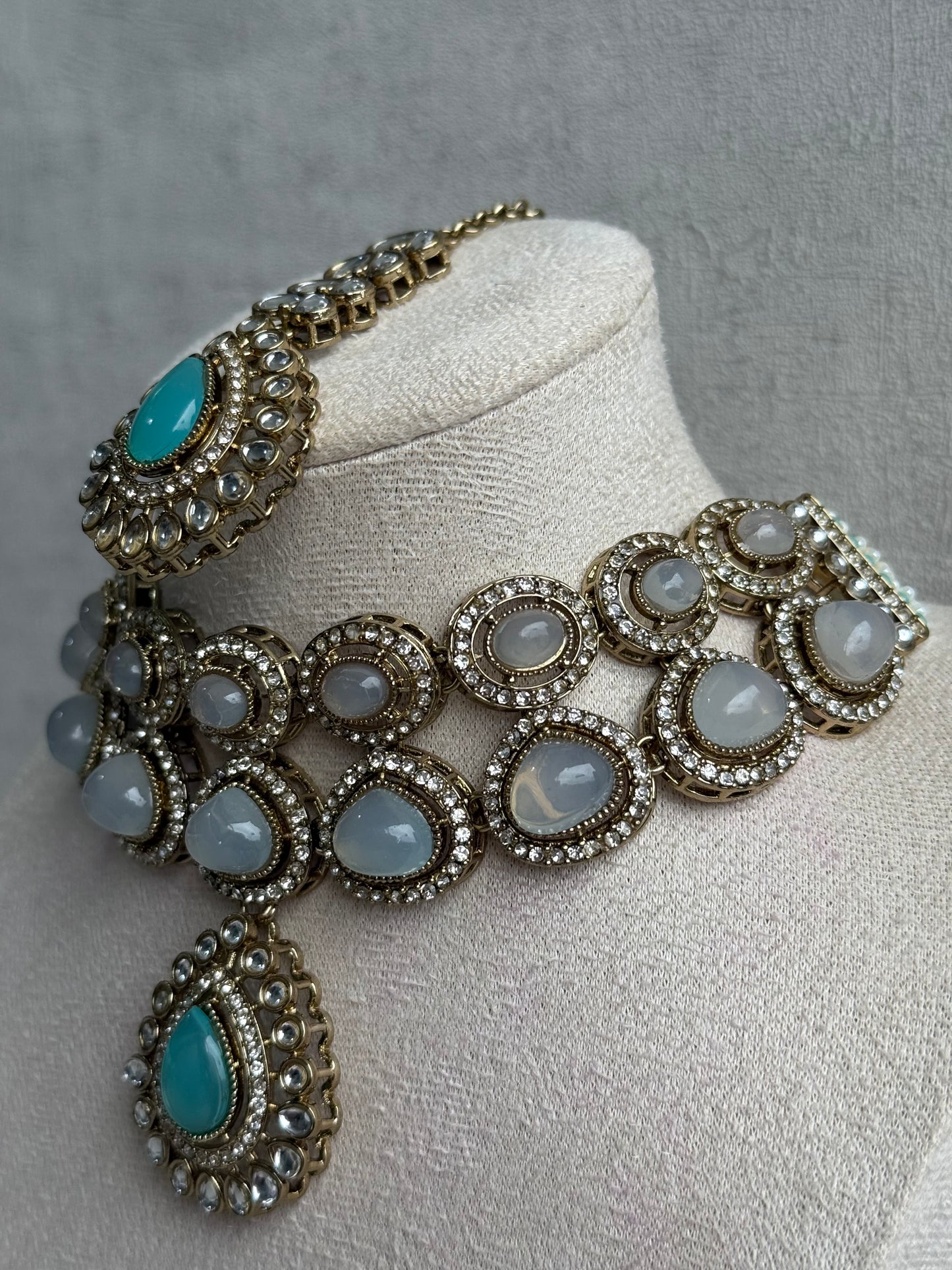 Ayura Designs Tamara Set with Necklace, Earrings & Tikka – Aqua & Opal Stones with Kundan Detailing in Antique Gold Finish