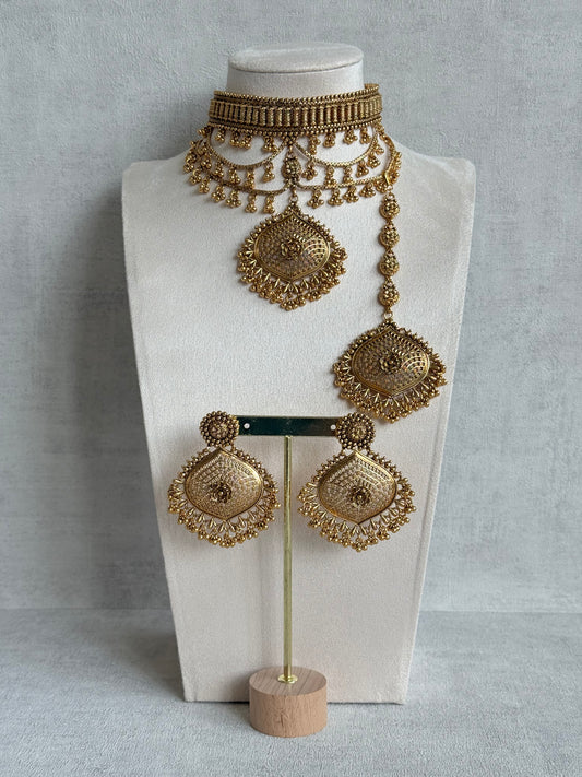 Ayura Designs Sahira Choker Set with Earrings & Tikka – Gold Engraved Choker with Floral Pendant & Ghungroo Detailing