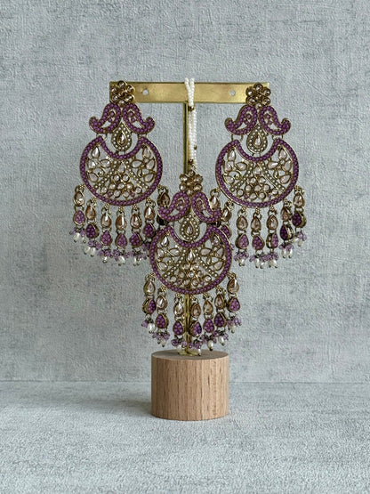 Ayura Designs Anvi Tikka Set with Earrings – Lilac with Champagne Stones & Pearl Drops