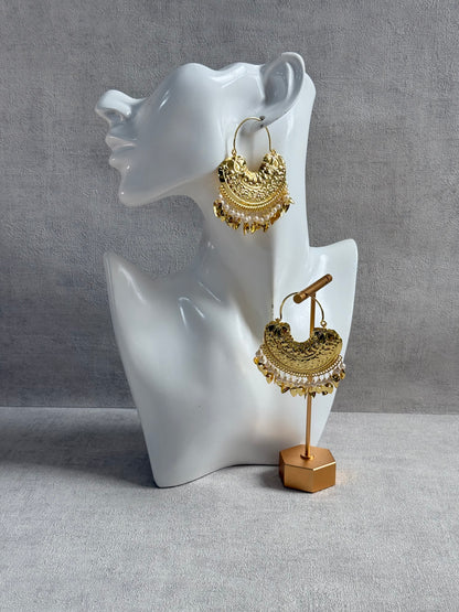Ayura Designs Surkhab Balis – Pippal Patti Statement Earrings with Pearls & Gold Leaf Charms