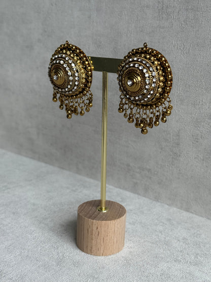 Ayura Designs Mitwa Earrings – Antique Gold Studs with Crystal Stones & Ghungroo Fringe