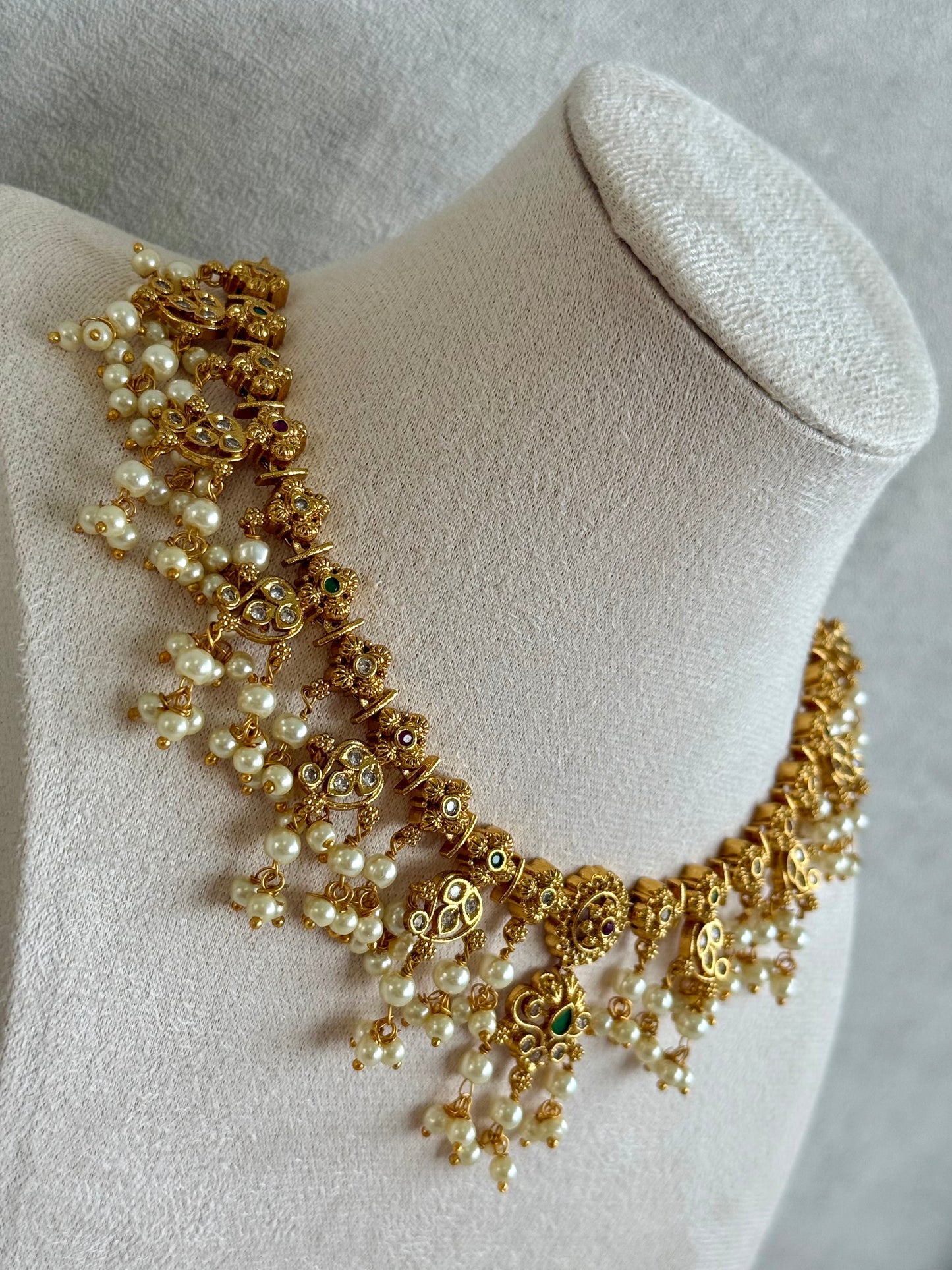 Ayura Designs Ilaa Set – Necklace & Earrings with Pink & Green Stone Accents, Pearl Drops & Antique Gold Finish