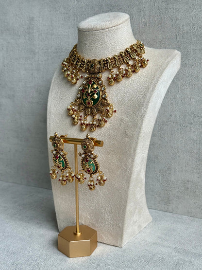Ayura Designs Divya Set – Antique Gold Choker with Green Meenakari, Ruby Stones & Pearl Detailing