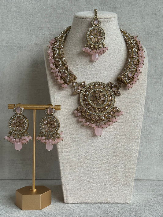 Ayura Designs Niya Set with Necklace, Earrings & Tikka – Blush Pink Beads, Antique Gold & Floral Motifs