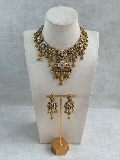 Ayura Designs Kriti Necklace Set with Earrings – Antique Gold Kundan Design with Ivory Pearls & Ghungroo Detailing