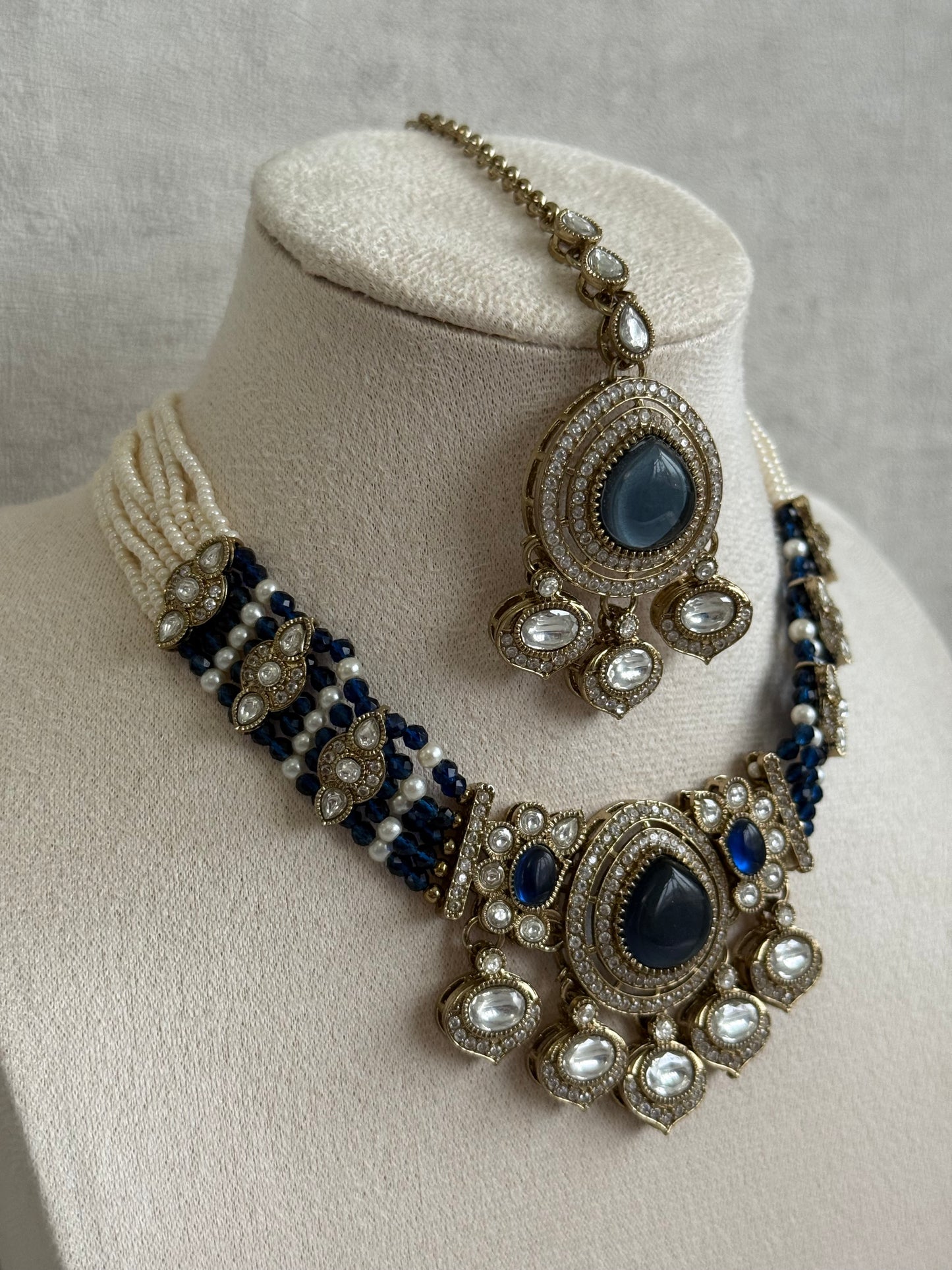 Ayura Designs Rahi Necklace Set with Earrings & Tikka – Ink Blue Stones with Mirror-Cut Detailing & Pearl Strands