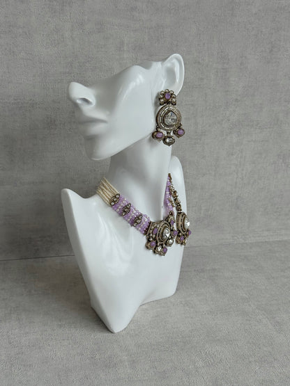 Ayura Designs Rahi Necklace Set with Earrings & Tikka – Lilac Stones with Mirror-Cut Detailing & Pearl Strands