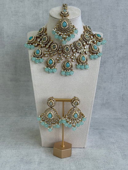 Ayura Designs Janvi Set with Necklace, Earrings & Tikka – Kundan Detailing, Aqua Blue Beads & Ivory Pearl Drops