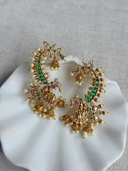 Ayura Designs Megha Half Ear Cuffs – Gold Peacock Motif with Crystal Stones, Emerald & Pink Accents and Pearl Jhumka Drops