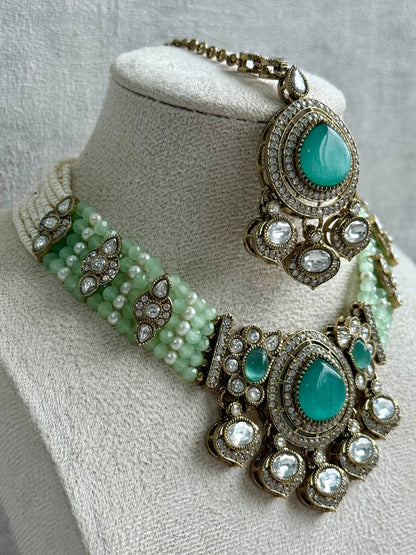 Ayura Designs Rahi Set – Mint & Pistachio Green Dual-Tone Stones with Mirror-Cut Detailing & Pearl Strands